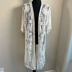 Ivory Lace Kimono Cardigan Sheer Embroidered Floral Boho Festival S/M Open Front